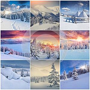 Winter collage with 9 square Christmas landscapes.