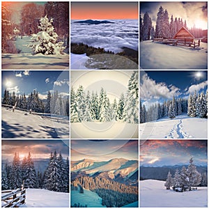 Winter collage with 9 square Christmas landscapes.