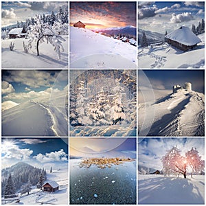 Winter collage with 9 square Christmas landscapes.