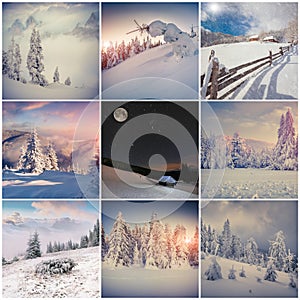 Winter collage with 9 square Christmas landscapes.