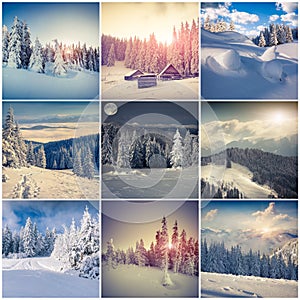 Winter collage with 9 square Christmas landscapes.