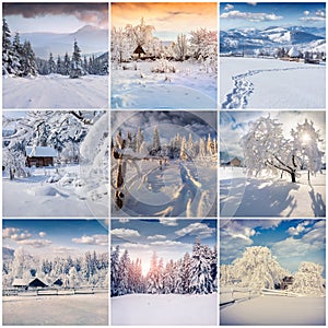 Winter collage with 9 square Christmas landscapes.