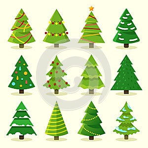 Winter colorful cartoon Christmas tree vector set