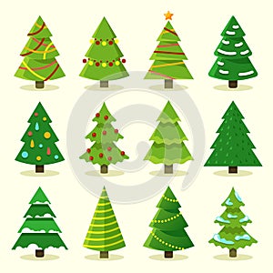 Winter colorful cartoon Christmas tree vector set photo