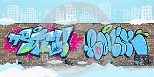 Winter Colorful Streetart Graffiti Wall Against The Background Of The Cityscape Vector Illustration
