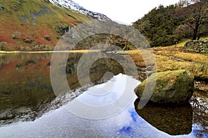 The winter colours of ILlydd foothills reflected in the peaceful waters of Llyn Gwynant