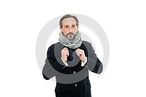 Winter is coming. Get ready for frosty days. Mature fashion model enjoy cold weather. Bearded man accessorizing outfit