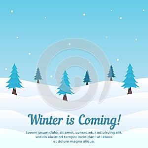 winter is coming scene background with pine tree in snow vector illustration. Holiday greeting card, banner, poster, template