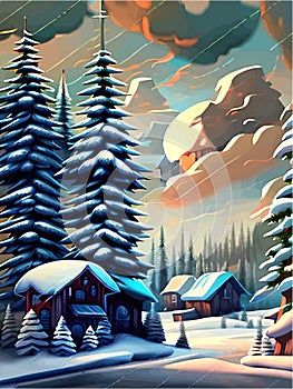 Winter is coming Snowy night with coniferous forest houses in snow light