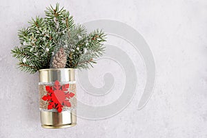 Winter composition, decoration, pine tree branches in vase on white background. Christmas, New Year, winter concept. copy space