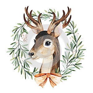 Winter composition with leaves,branches,snowberries,mistletoe and cute deer.