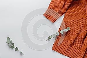 Winter composition. Orange sweater and a branch of eucalyptus on a white background. Autumn, winter concept. Flat lay