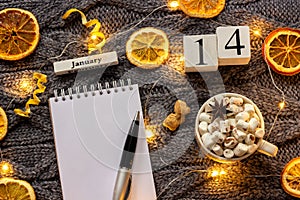 Winter composition. Wooden calendar January 14th Cup of cocoa with marshmallow, empty open notepad with pen, dried oranges, light