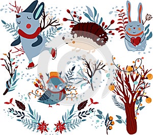 Winter compositions cute rabbit holding a heart, funny owl in a scarf, rabbit on skates, Christmas wreath and other