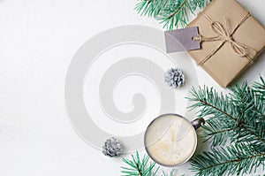 Winter Concept, Christmas Gift, Coffee Mug, Pine Cones and Braches, Cozy Still Life Background