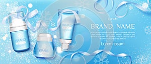 Winter cosmetic tubes and cream jar mock up line photo