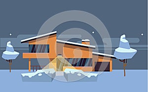 Winter country house flat vector illustration. Orange modern home with street light