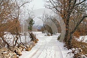 Winter country road. Snowy countryside landscape on cloudy day. Bosnia and Herzegovina