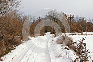 Winter country road. Snowy countryside landscape on cloudy day. Bosnia and Herzegovina