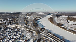 Winter countryside with highway during dron fly