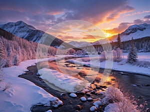 winter countryside with river stream and sunset rays in the background