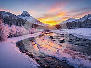 winter countryside with river stream and sunset rays in the background