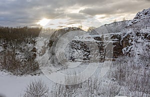 Winter countryside in snow at Tegg`s Nose Country Park, Macclesfield, UK