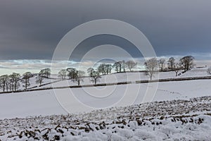 Winter countryside in snow at Tegg`s Nose Country Park, Macclesfield, UK