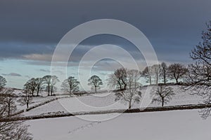 Winter countryside in snow at Tegg`s Nose Country Park, Macclesfield, UK