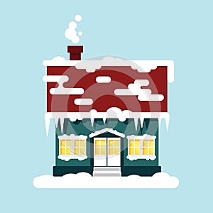 Winter cozy house isolated. Christmas time, happy new year - vector illustration. Snow flat city urban landscape