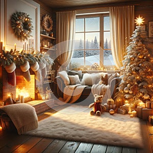 winter cozy living room with a fireplace and window with view on snowy forest and Christmas tree decoration