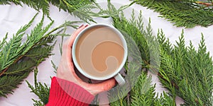 Winter cozy mug of coffee on branches background with hands