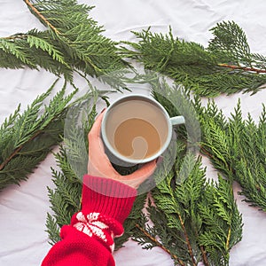 Winter cozy mug of coffee on branches background with hands