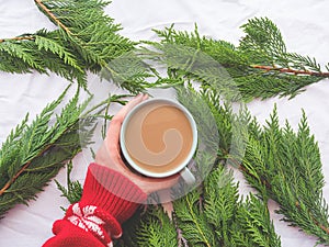 Winter cozy mug of coffee on branches background with hands