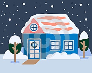 Winter cozy outdoor house and trees landscape. Merry christmas postcard hand drawn vector illustration. Cartoon flat style