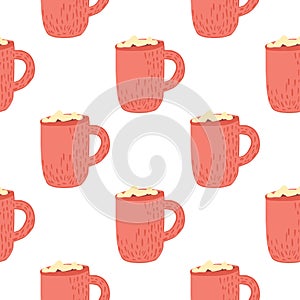 Winter cozy seamless pattern with hot chocolate cup ornament. Pink print on white background