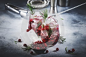 Winter Cranberry cocktail with vodka, ice, juice, rosemary and red berries. Festive long drink. Gray table background with