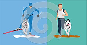 Winter cross country skiing with a dog and a summer running competition with the dog-husky. Flat cartoon illustration.