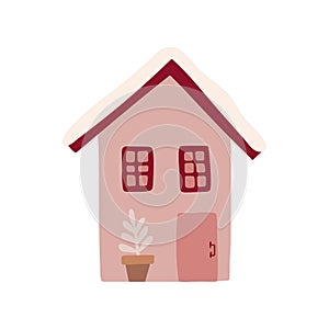 Winter cute cozy house. Sweet pink home.