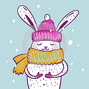 Winter cute hare portrait. Hand drawn vector illustration. Cartoon style.