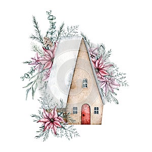 Winter cute house with doors, windows, snow on the roof in flowers of red poinsettia, pine cone, emerald spruce branch