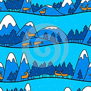 Winter cute landscape. Christmas seamless pattern with deers, mo