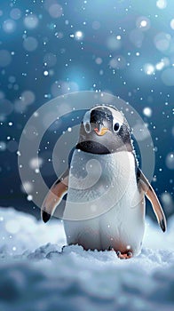 Winter cuteness Penguin on snowy terrain with room for text