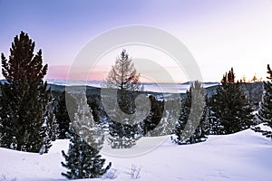 Winter dawn in the Altai mountains. Altai Republic