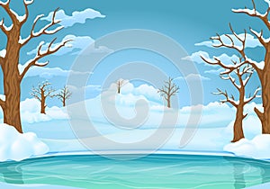 Winter day background. Frozen lake or river with snow covered leafless trees and bushes.
