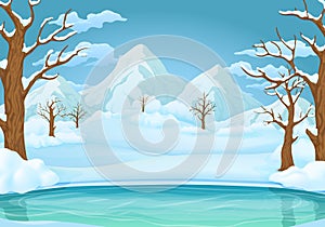 Winter day background. Frozen lake or river with snow covered trees and snowy mountains.