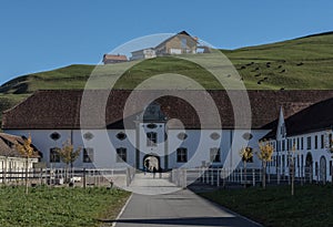 Winter day Einsiedeln Abbey Benedictine monastery in canton Schwyz