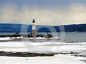 Winter day at FingerLakes Cayuga Lake Myers Park lighthouse