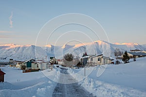 Winter day in the village on island of Hrisey in Iceland