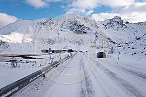 Winter daytime landscape in the Norway. The main way along the Lofoten Islands, Lofast road E10